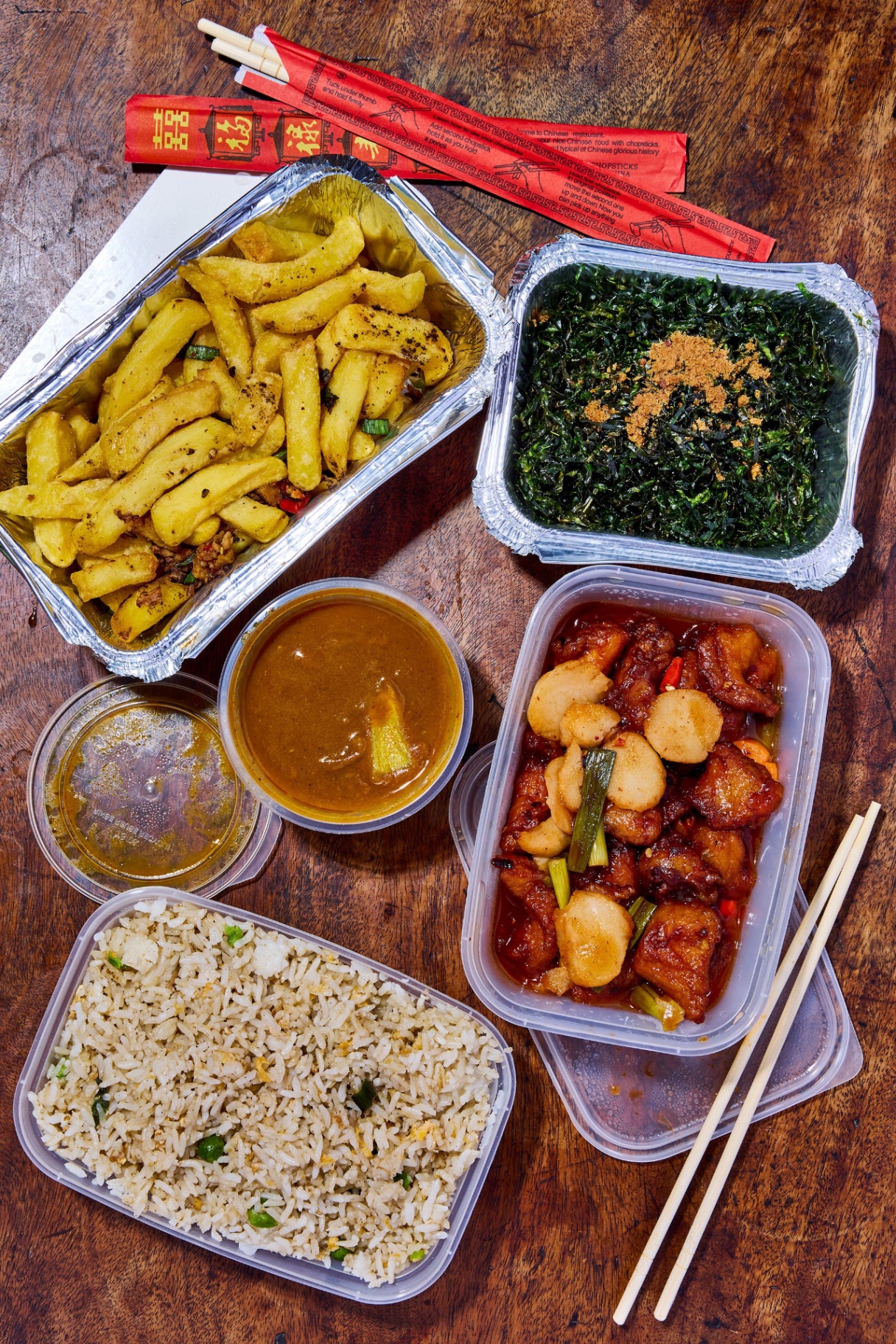 Salt and pepper chips, seaweed, curry sauce, fried rice and sweet & sour